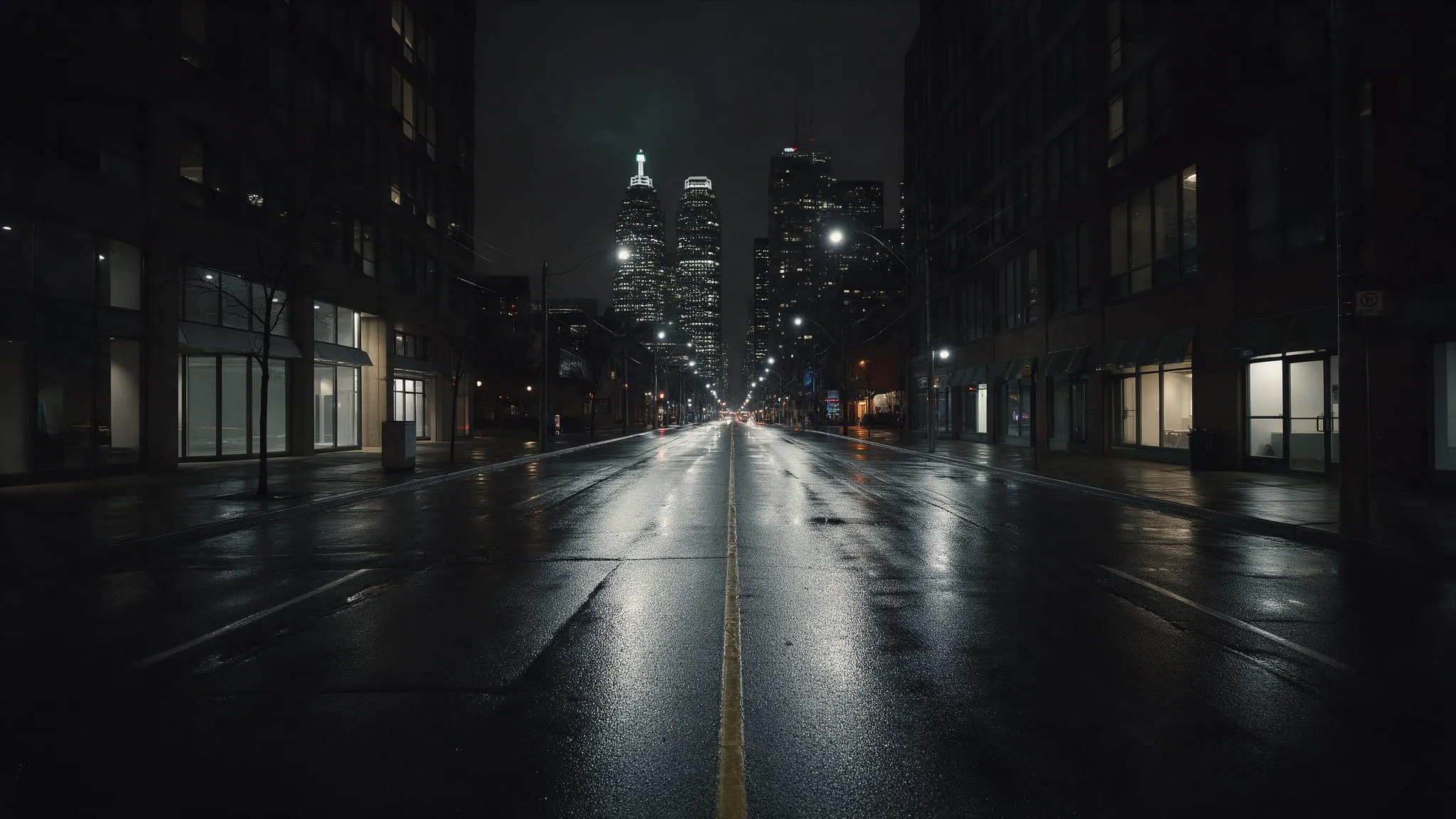 Empty wet Toronto street at night, looking toward the towers